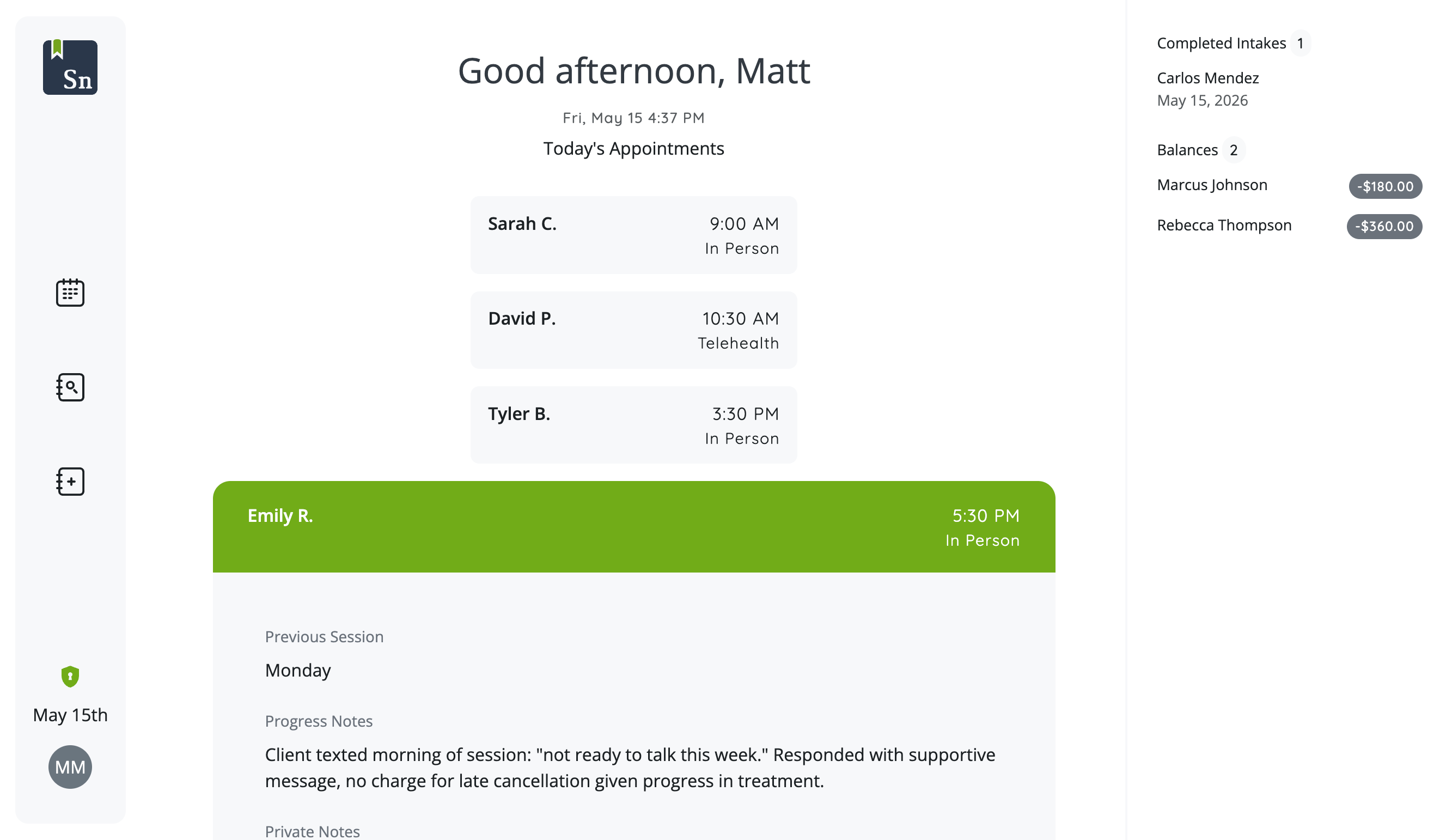 ShrinkNotes home screen showing today's appointments